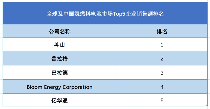 全球及中國(guó)氫燃料電池市場(chǎng)Top5企業(yè)營(yíng)收排名